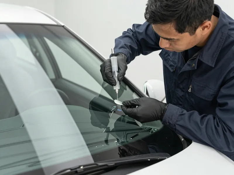 Werkzeuge und Materialien fuer die Autoglasreparatur liegen auf einer Werkbank