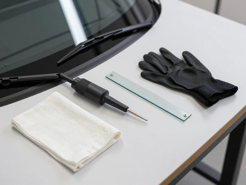 Werkzeuge und Materialien fuer die Autoglasreparatur liegen auf einer Werkbank