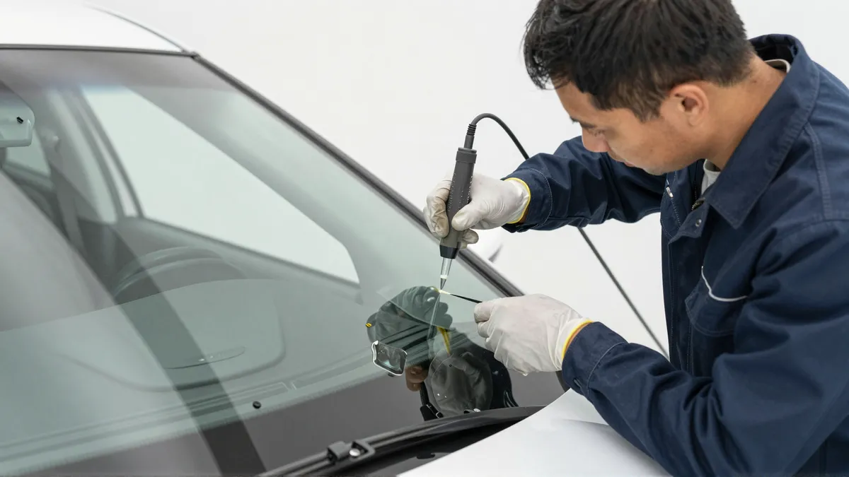 Werkzeuge und Materialien fuer die Autoglasreparatur liegen auf einer Werkbank
