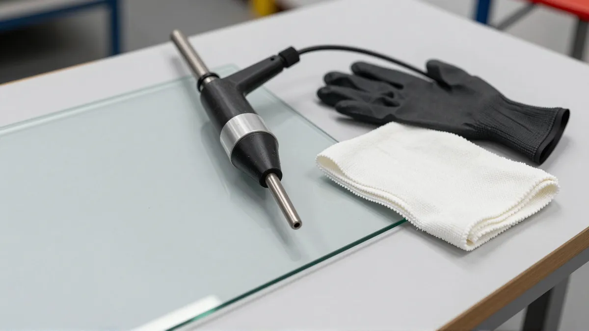 Werkzeuge und Materialien fuer die Autoglasreparatur liegen auf einer Werkbank