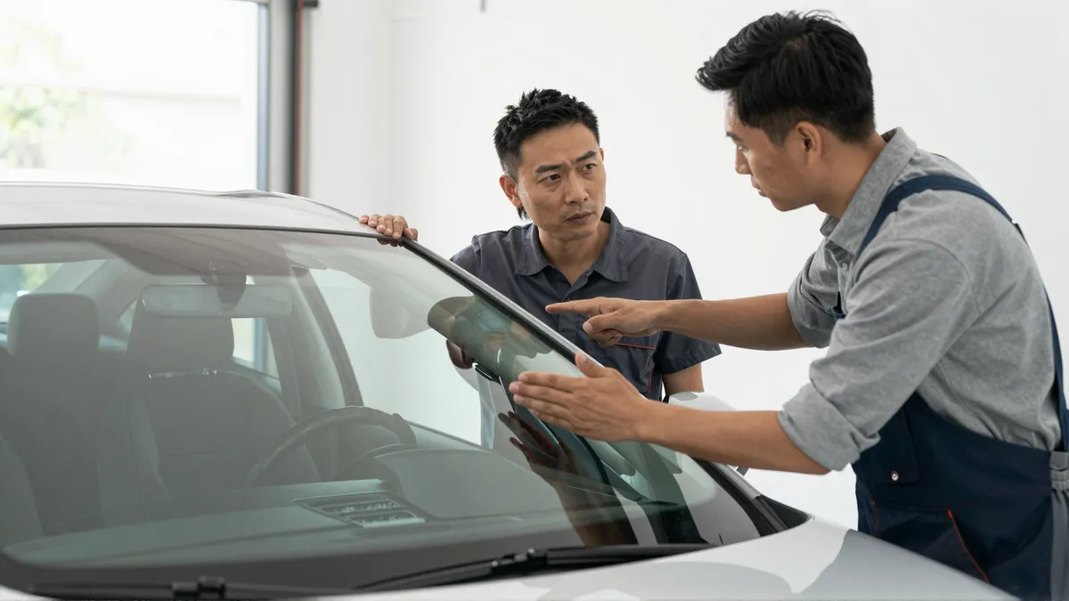 Ein Autoglas-Berater erklaert einem Kunden die Reparatur an einer Autoscheibe