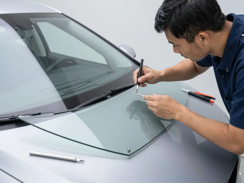Werkzeuge und Materialien fuer die Autoglasreparatur liegen auf einer Werkbank