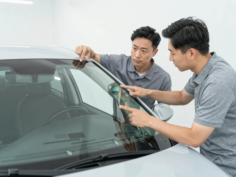 Ein Autoglas-Berater erklaert einem Kunden die Reparatur an einer Autoscheibe