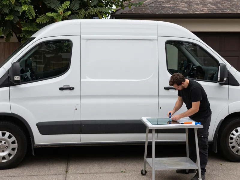 Werkzeuge und Materialien fuer die Autoglasreparatur liegen auf einer Werkbank