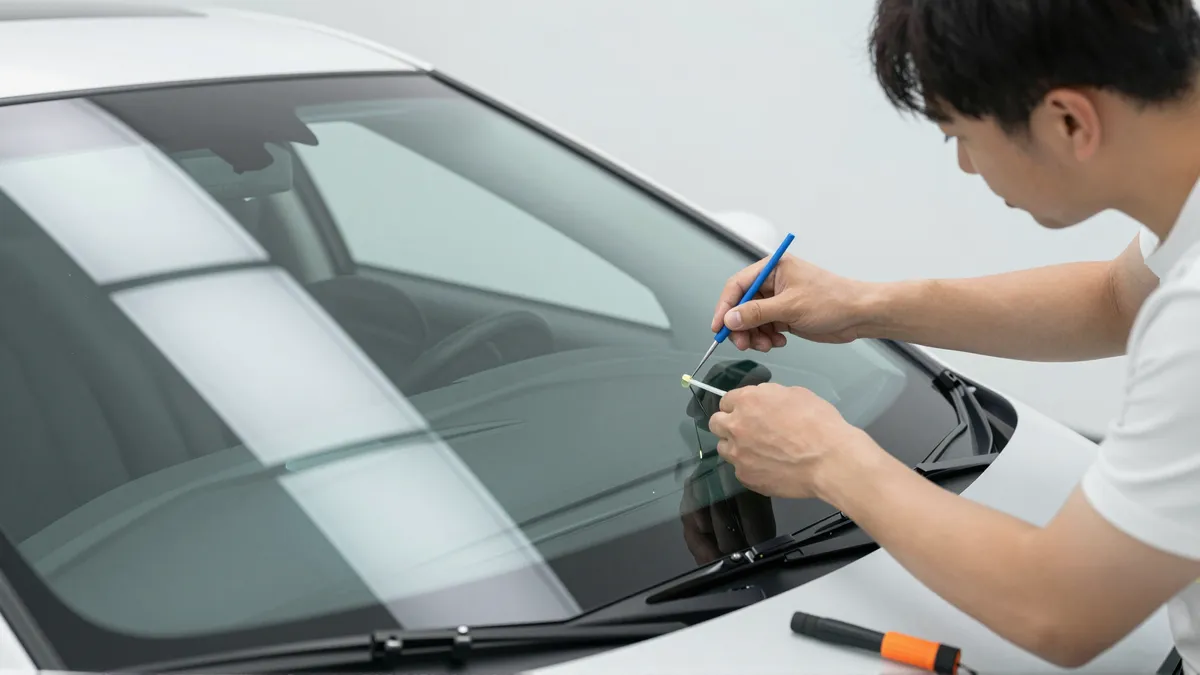 Werkzeuge und Materialien fuer die Autoglasreparatur liegen auf einer Werkbank