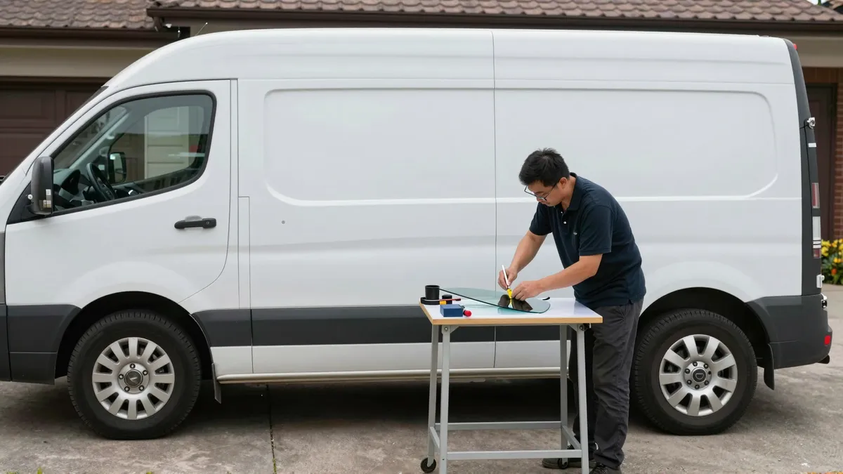 Werkzeuge und Materialien fuer die Autoglasreparatur liegen auf einer Werkbank