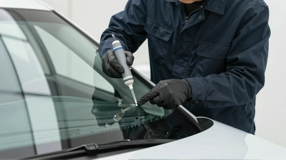 Werkzeuge und Materialien fuer die Autoglasreparatur liegen auf einer Werkbank