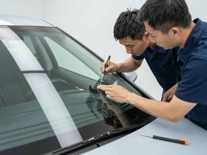 Werkzeuge und Materialien fuer die Autoglasreparatur liegen auf einer Werkbank