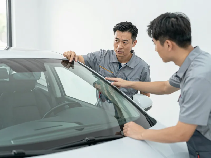 Ein Autoglas-Berater erklaert einem Kunden die Reparatur an einer Autoscheibe