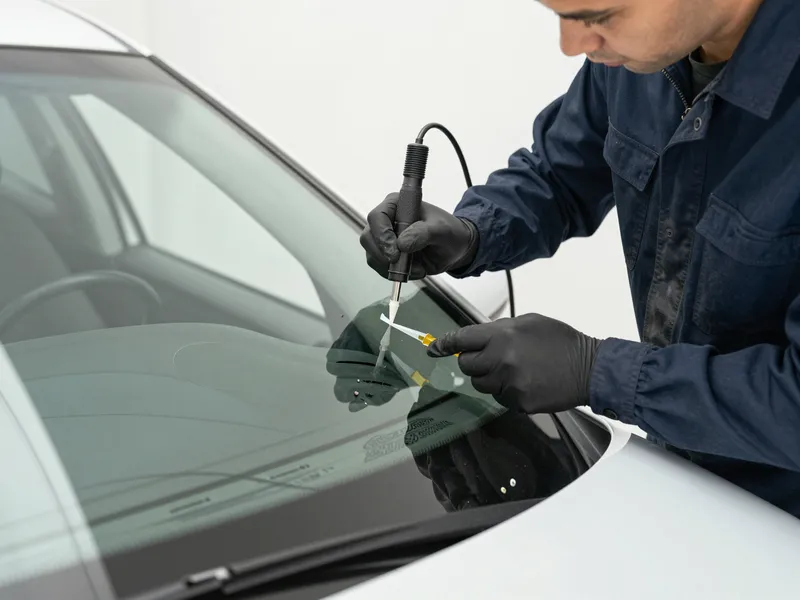 Werkzeuge und Materialien fuer die Autoglasreparatur liegen auf einer Werkbank