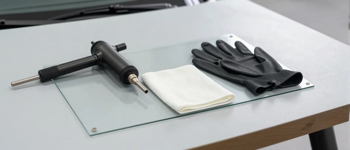 Werkzeuge und Materialien fuer die Autoglasreparatur liegen auf einer Werkbank