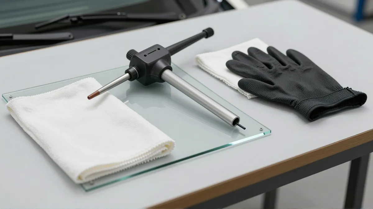 Werkzeuge und Materialien fuer die Autoglasreparatur liegen auf einer Werkbank