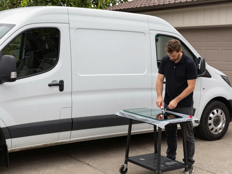 Werkzeuge und Materialien fuer die Autoglasreparatur liegen auf einer Werkbank