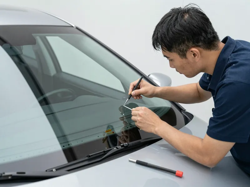 Werkzeuge und Materialien fuer die Autoglasreparatur liegen auf einer Werkbank