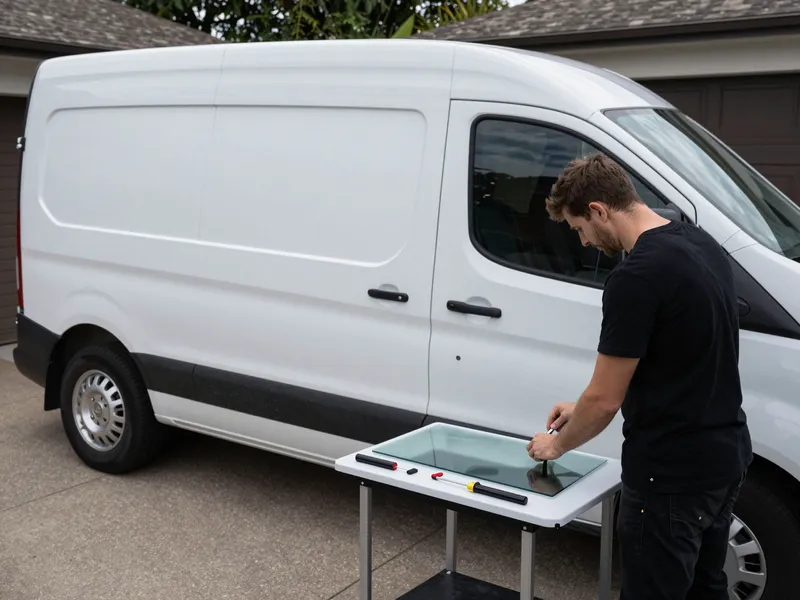 Werkzeuge und Materialien fuer die Autoglasreparatur liegen auf einer Werkbank