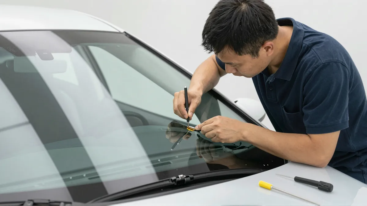 Werkzeuge und Materialien fuer die Autoglasreparatur liegen auf einer Werkbank
