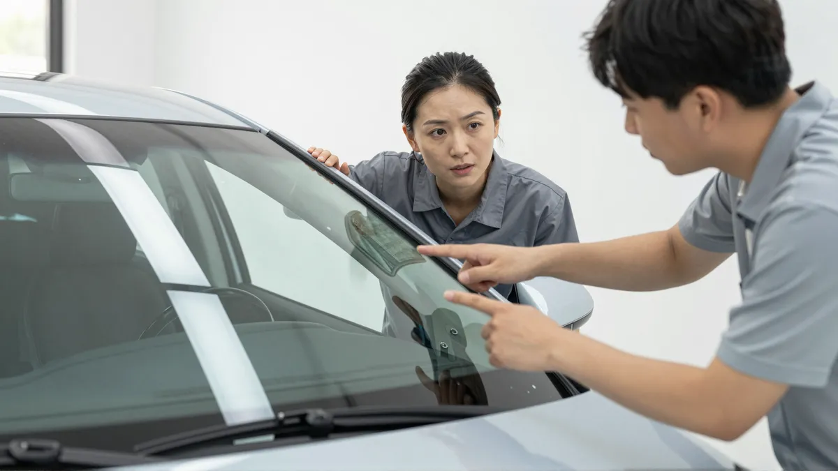 Ein Autoglas-Berater erklaert einem Kunden die Reparatur an einer Autoscheibe