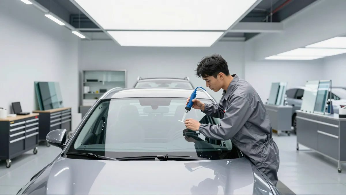 Ein Techniker repariert einen Steinschlag auf einer Autoscheibe in einer sauberen, hellen Werkstatt.