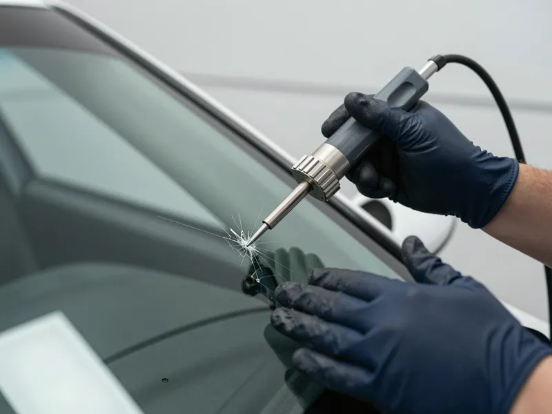 Eine Hand mit Arbeitshandschuh injiziert Harz in einen sternförmigen Riss einer Autoscheibe.