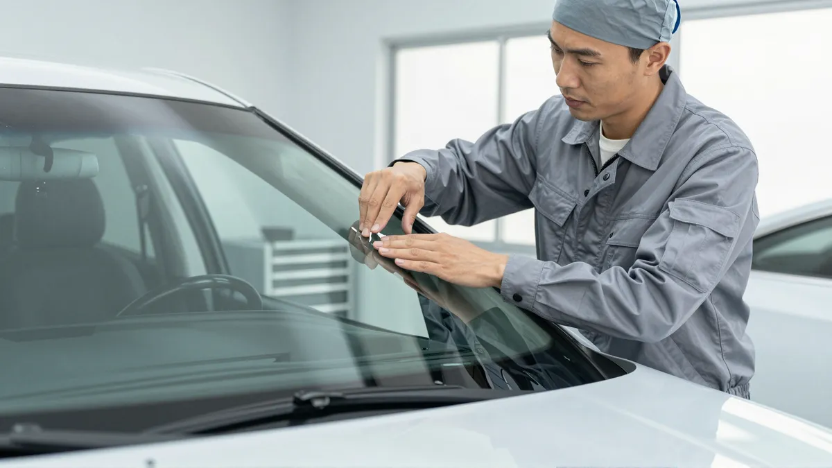 Ein Techniker prüft sorgfältig eine Windschutzscheibenreparatur in einer hellen Autoglaswerkstatt.