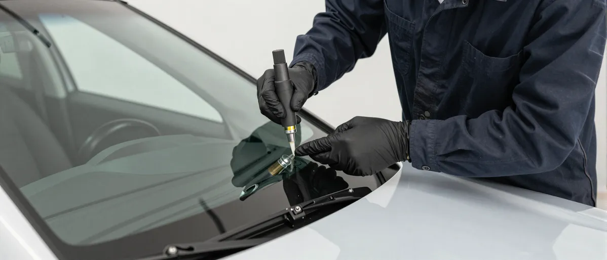 Werkzeuge und Materialien fuer die Autoglasreparatur liegen auf einer Werkbank