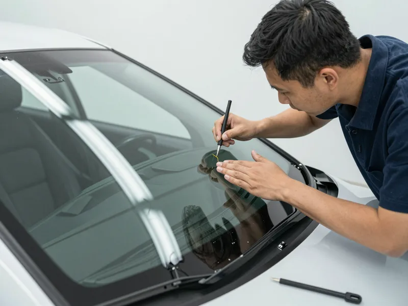 Werkzeuge und Materialien fuer die Autoglasreparatur liegen auf einer Werkbank