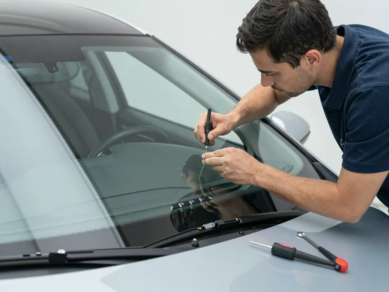 Werkzeuge und Materialien fuer die Autoglasreparatur liegen auf einer Werkbank