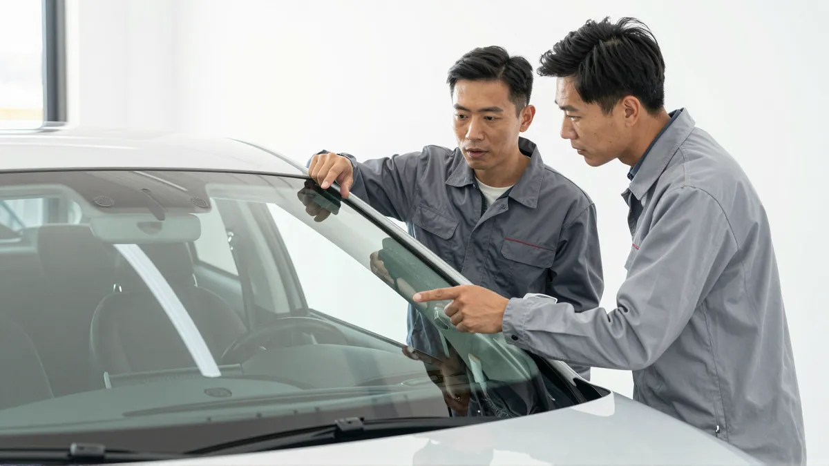 Ein Autoglas-Berater erklaert einem Kunden die Reparatur an einer Autoscheibe