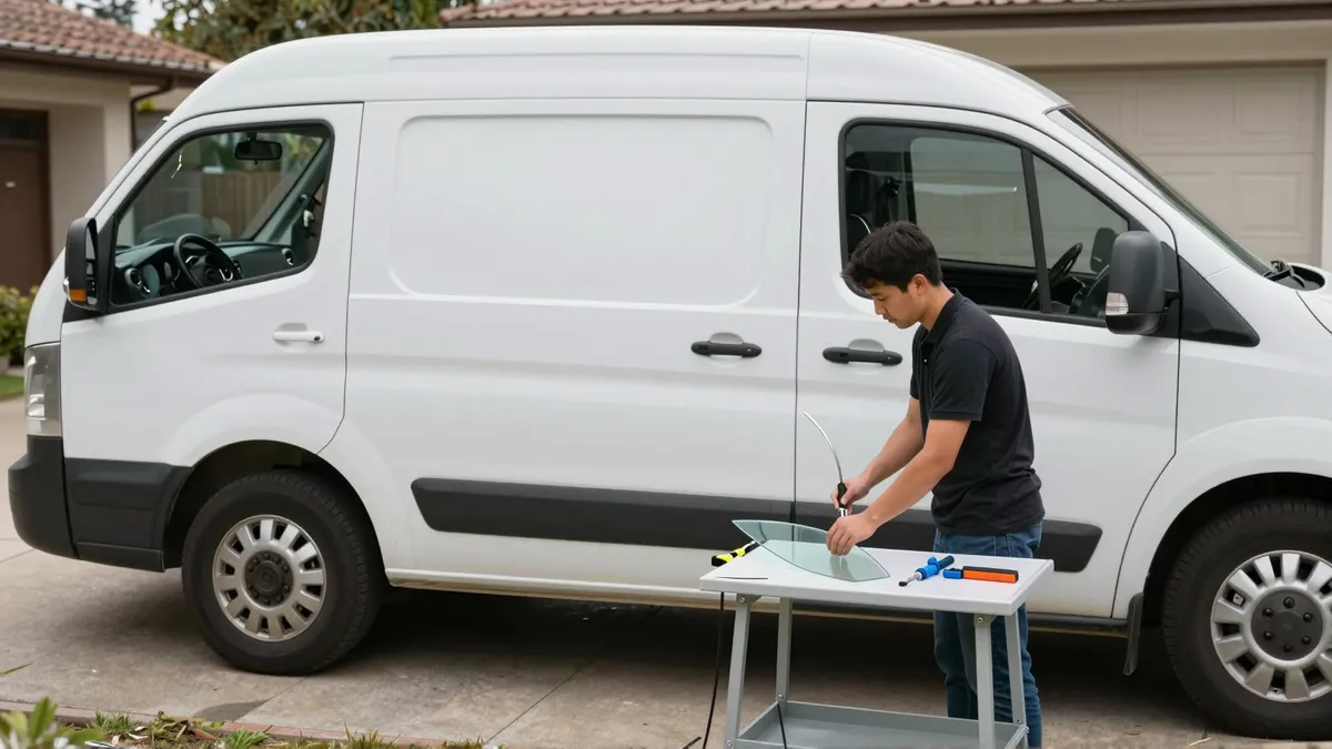 Werkzeuge und Materialien fuer die Autoglasreparatur liegen auf einer Werkbank