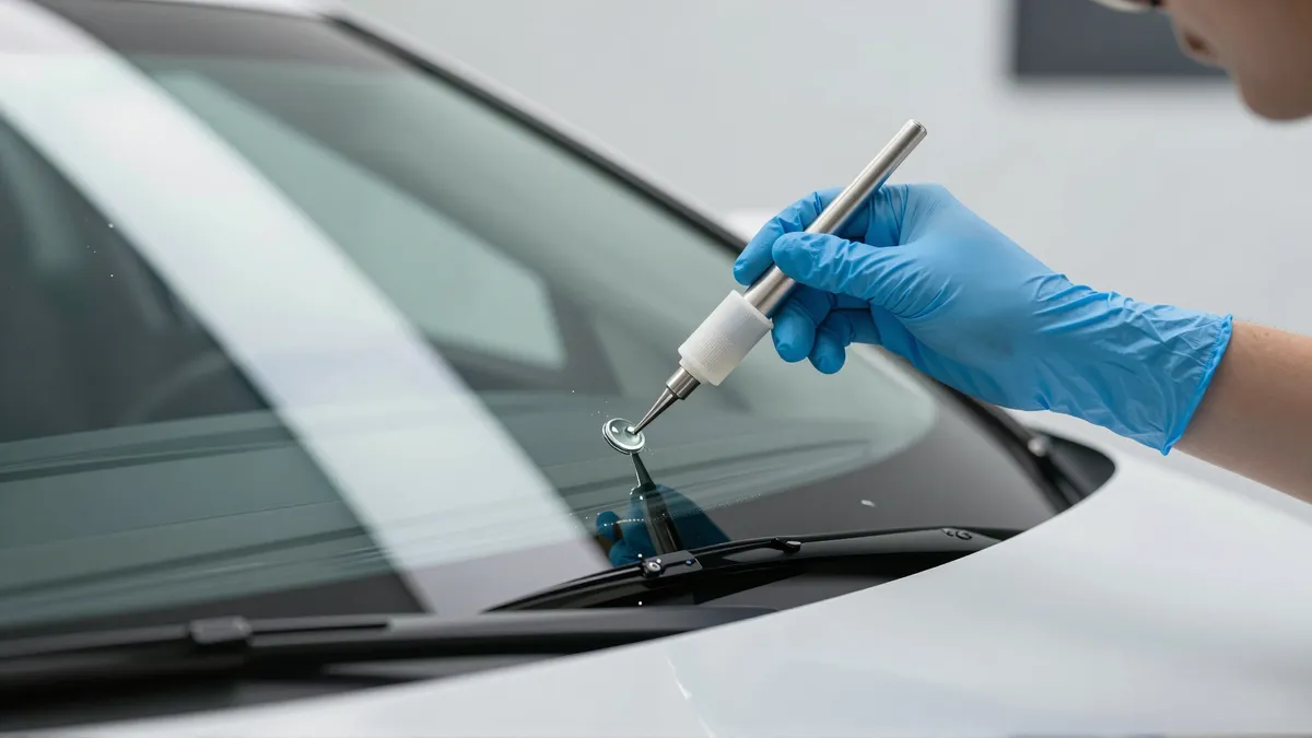 Ein Techniker in blauen Handschuhen repariert einen Steinschlag in einer Autoscheibe mit Harz.