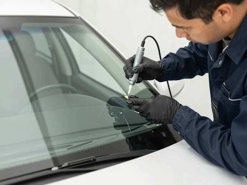 Ein Handwerker repariert einen Steinschlag in einer Autoscheibe mit Harz in einer hellen Werkstatt.