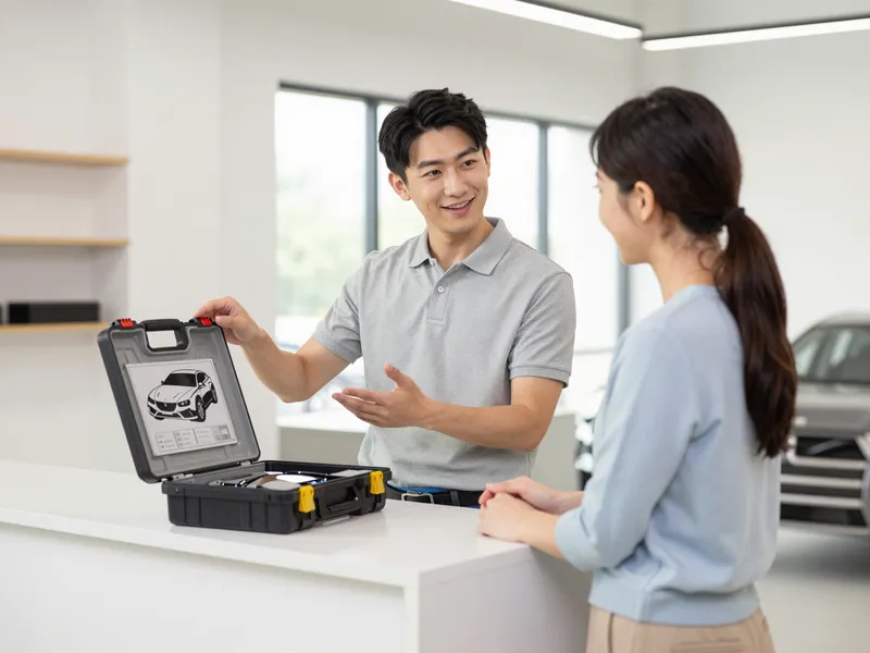 Ein Autoglas-Techniker erklärt einer Kundin anhand einer Scheibenzeichnung den Reparaturprozess in einer hellen Werkstatt.