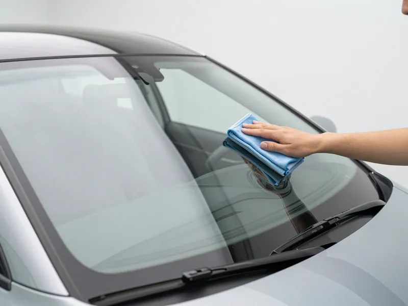 Ein Techniker poliert die Windschutzscheibe eines modernen Autos in einer hellen Werkstatt.