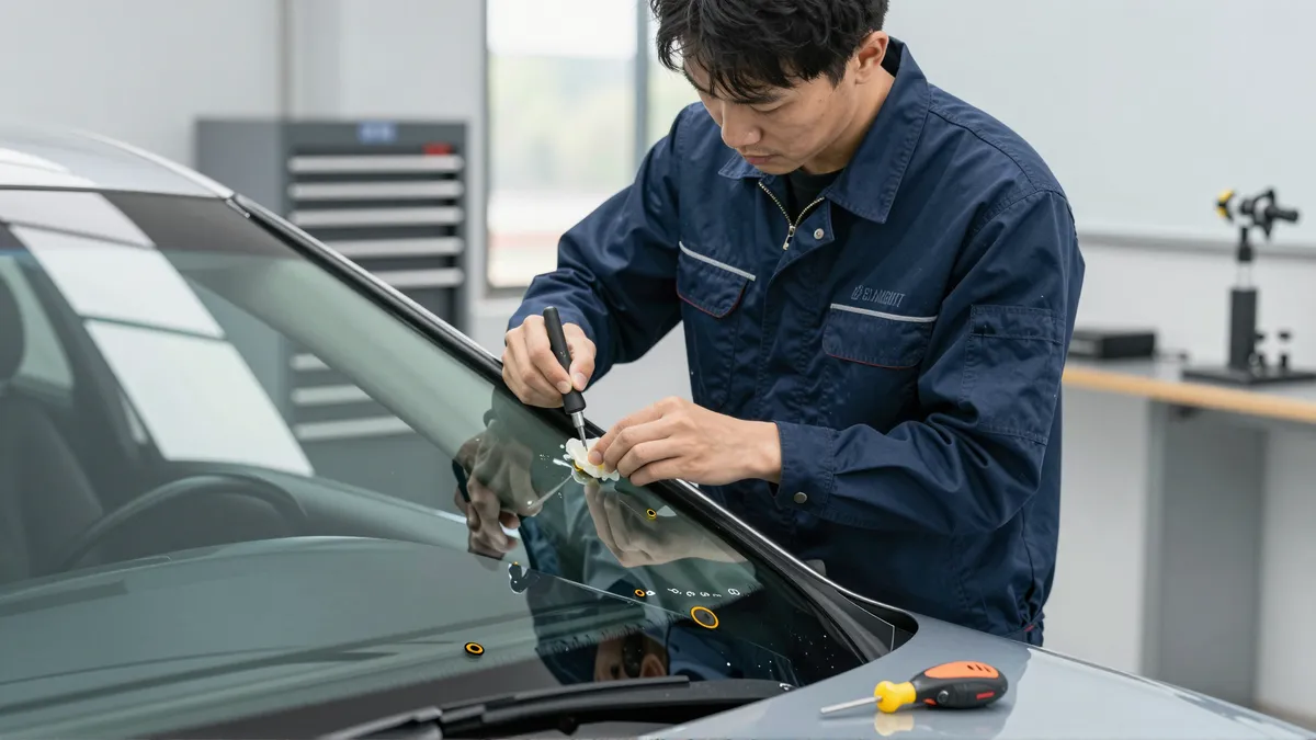 Ein Techniker in blauer Arbeitskleidung repariert einen Steinschlag in einer Autoscheibe in einer hellen Werkstatt.