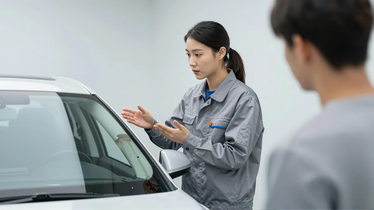 Eine Autoglas-Technikerin erklärt einem Kunden den Reparaturprozess an einem modernen Auto in einer hellen Werkstatt.