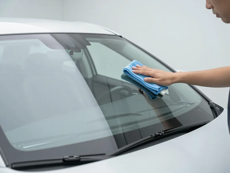 Ein Techniker poliert die Windschutzscheibe eines modernen Autos in einer hellen Werkstatt.