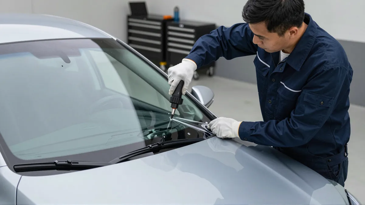 Ein Autoglastechniker trägt sorgfältig Versiegelung auf eine neue Windschutzscheibe eines silbernen Autos auf.