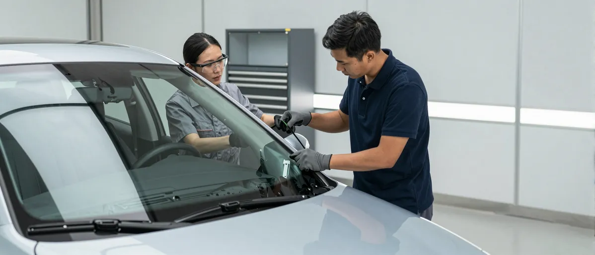 Zwei Autoglas-Techniker arbeiten konzentriert zusammen, um die Windschutzscheibe eines modernen Autos auszutauschen.