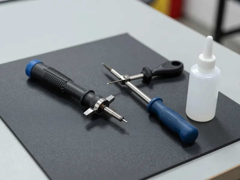 Werkzeuge und Materialien für den professionellen Autoglasersatz auf einer Werkbank angeordnet.