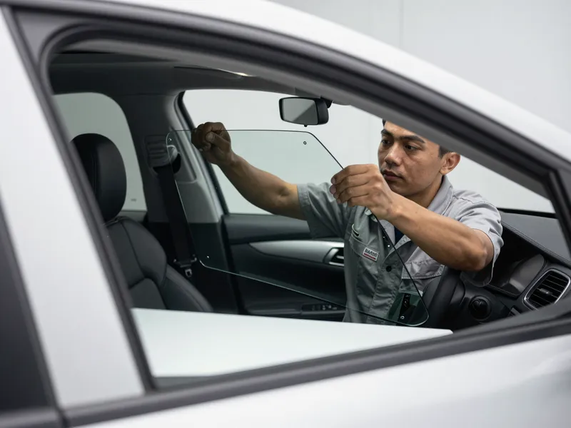 Ein Autoglastechniker setzt vorsichtig eine neue Windschutzscheibe in einen modernen Pkw ein.