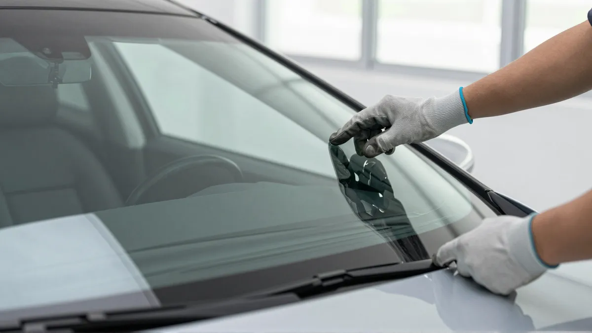 Die behandschuhten Hände eines Technikers prüfen die einwandfreie Windschutzscheibe eines Autos in einer Werkstatt.