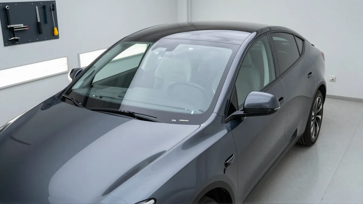 Ein dunkler Pkw mit neu eingebauter, makelloser Frontscheibe in einer sauberen Autoglaswerkstatt.