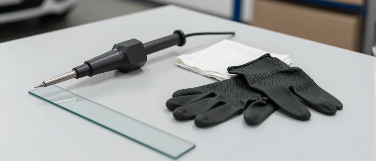 Werkzeuge und Materialien fuer die Autoglasreparatur liegen auf einer Werkbank