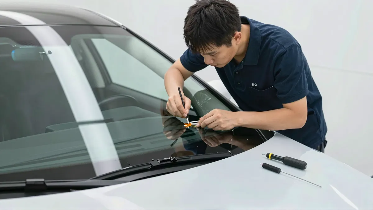 Werkzeuge und Materialien fuer die Autoglasreparatur liegen auf einer Werkbank