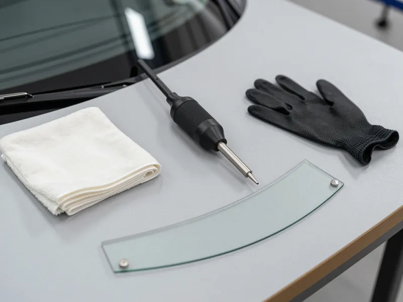 Werkzeuge und Materialien fuer die Autoglasreparatur liegen auf einer Werkbank