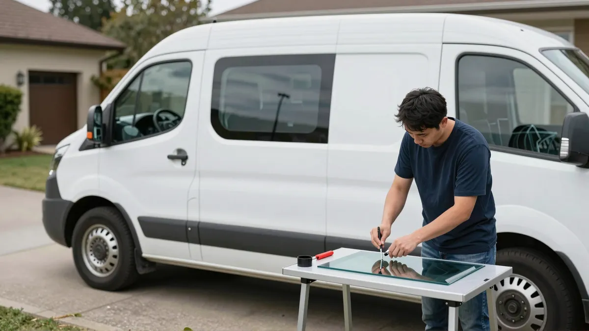 Werkzeuge und Materialien fuer die Autoglasreparatur liegen auf einer Werkbank