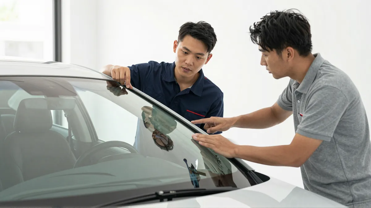 Ein Autoglas-Berater erklaert einem Kunden die Reparatur an einer Autoscheibe