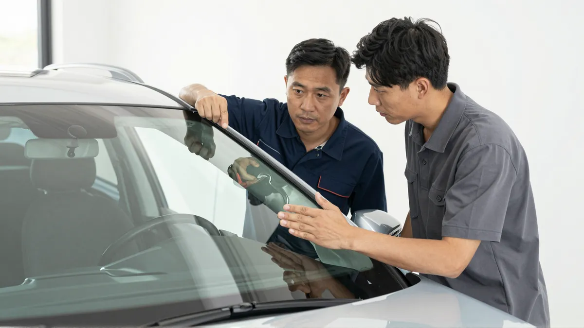 Ein Autoglas-Berater erklaert einem Kunden die Reparatur an einer Autoscheibe
