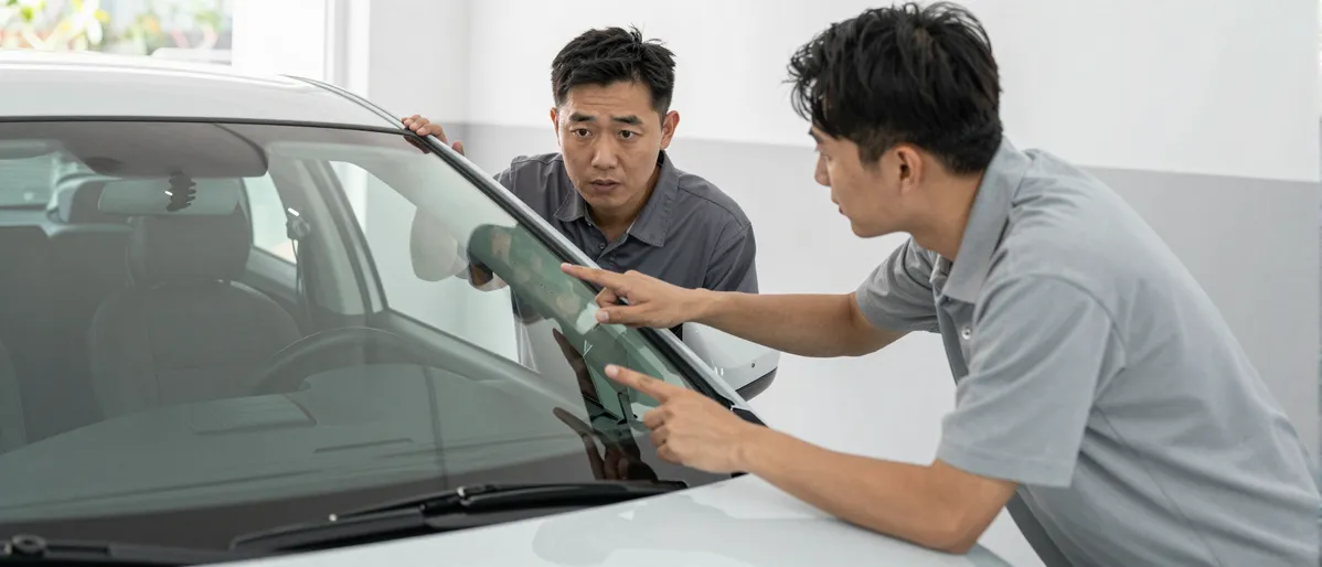 Ein Autoglas-Berater erklaert einem Kunden die Reparatur an einer Autoscheibe
