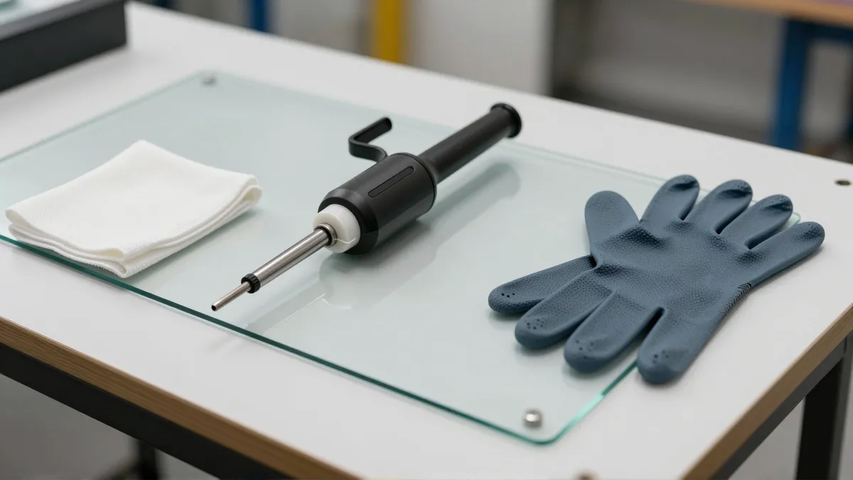 Werkzeuge und Materialien fuer die Autoglasreparatur liegen auf einer Werkbank